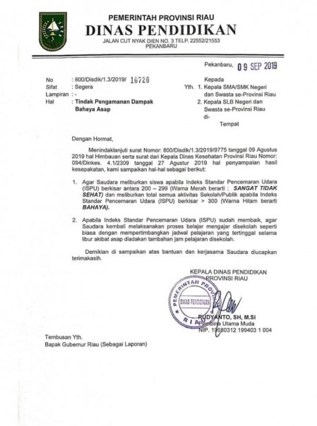 Surat edaran Dinas Pendidikan Provinsi Riau tentang tindak pengamanan dampak kabut asap